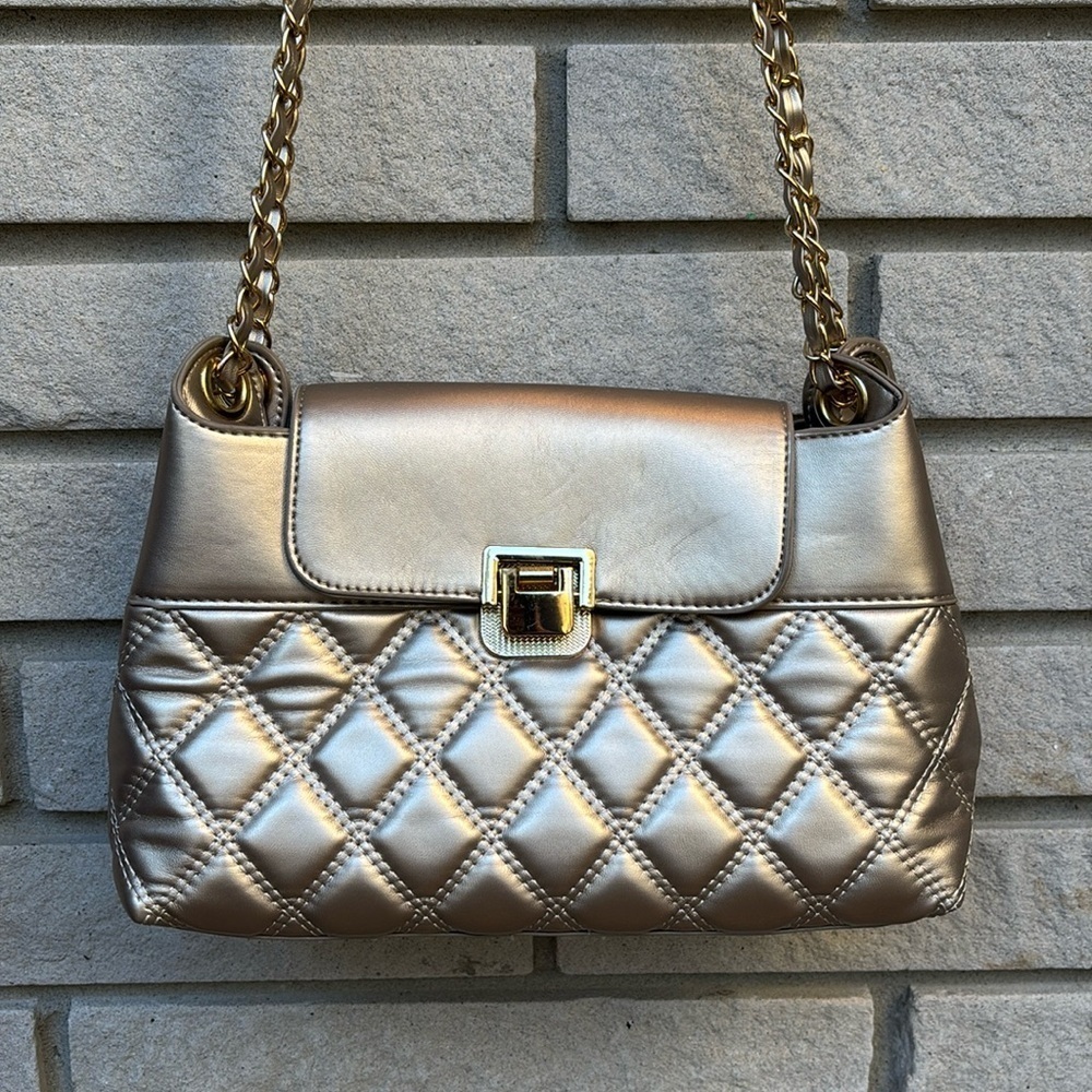 Elizabeth Grant Metallic Beige Quilted Faux Leather Bag with Chain Strap